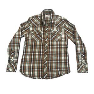 True Religion Women’s Large Pearl Snap Button Shirt Brown Green Cowgirl Core